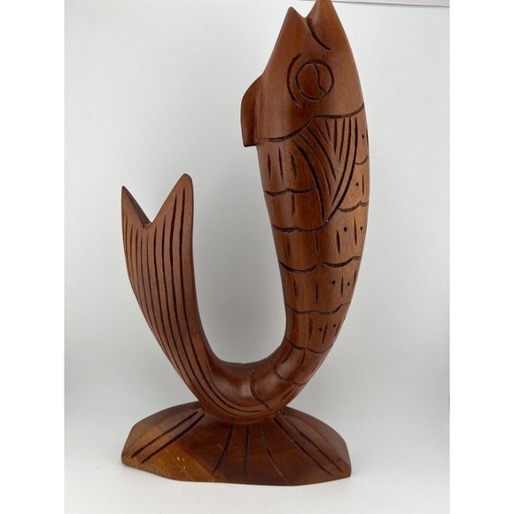 Vintage Hand Carved Brown Wooden Home‎ Decorative Fish Sculpture Animal Figurine - Picture 1 of 10
